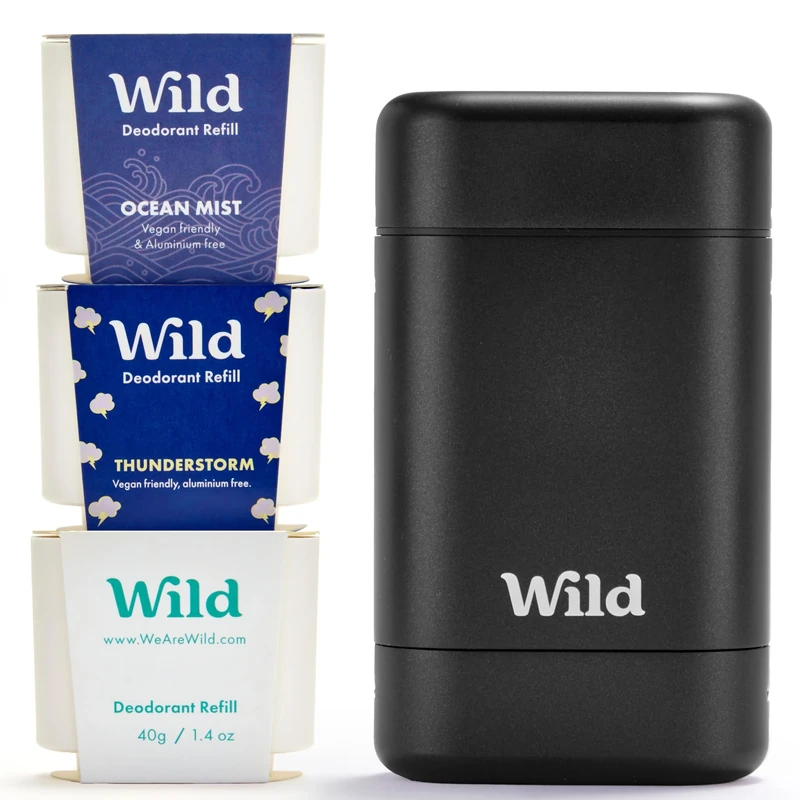 Wild - Mens Natural Refillable Deodorant Starter Kit - Black Case with Fresh Cotton & Sea Salt, Ocean Mist & Thunderstorm Scents - Long Lasting Protection - Aluminium Free - Vegan & Eco-Friendly