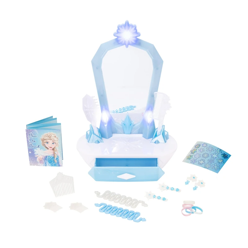Disney Frozen Icy Table Top Vanity, Officially Licensed by Jakks Pacific, Fun Play Vanity for Girls with Interactive Light and Sounds, Includes Elsa Braid Guide and Hair Accessories, for 3+