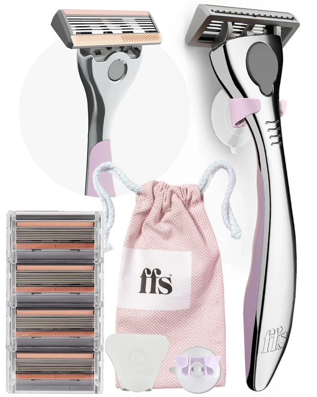 FFS Beauty Starter Shaving Set for Women - Premium Metal Razor Handle, Shower Holder, Travel Pouch, 4 SmoothGlide 6-Blade Cartridges with Vitamin E Lubrication Strip (Blossom)