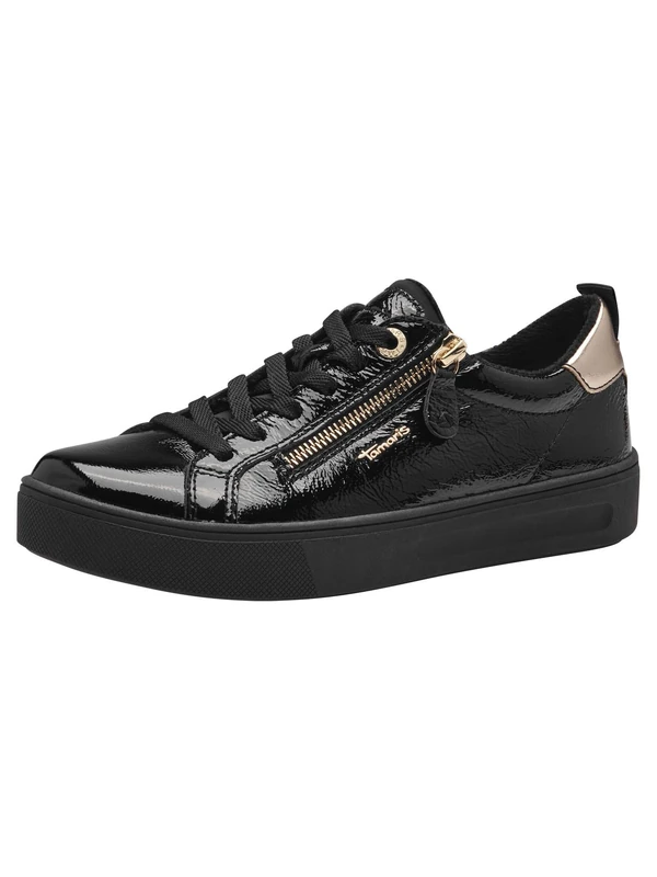 Tamaris Comfort Women’s Flat Sneakers with Zip Casual, Black Patent, 5 UK