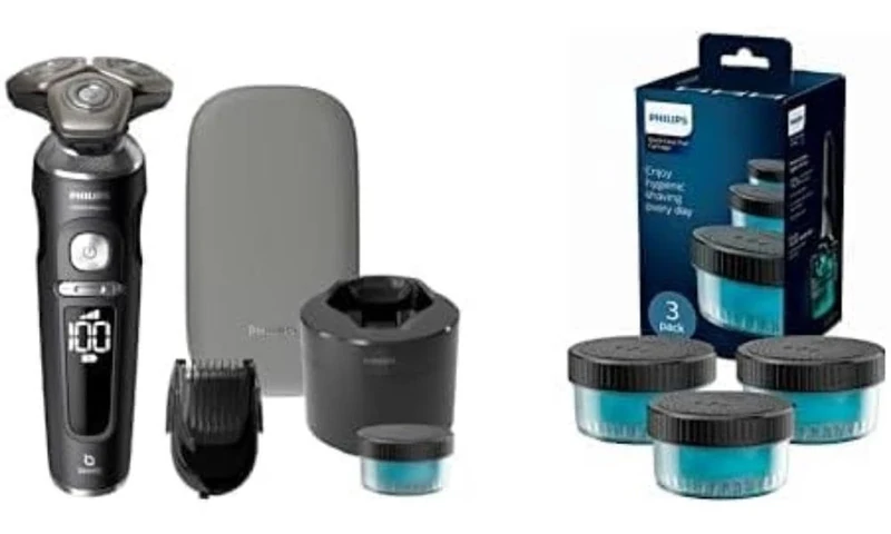 Philips Wet and Dry Electric Shaver S9000 Prestige SP9840/31, Lift&Cut System, SkinIQ Technology, Beard Styler, Cleaning Pod, Premium Pouch, with 3-Pack Quick Clean Pod Replacement Cartridge CC13/50