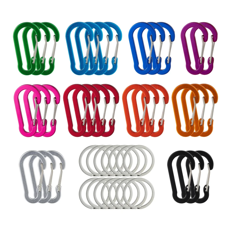 Relaxdays Carabiner, Set of 30 with 14 Key Rings, Heavy Duty Clips, Camping, 5 cm, Snap Hook, Aluminium, Colourful, 5 x 2.5 x 1 cm