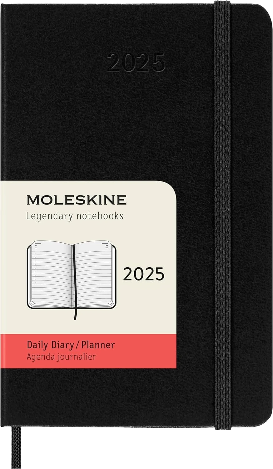 Moleskine Daily Planner, 12-Month Daily Agenda 2025, HardCover and Elastic Closure, Black Color, Pocket Format 9x14 cm