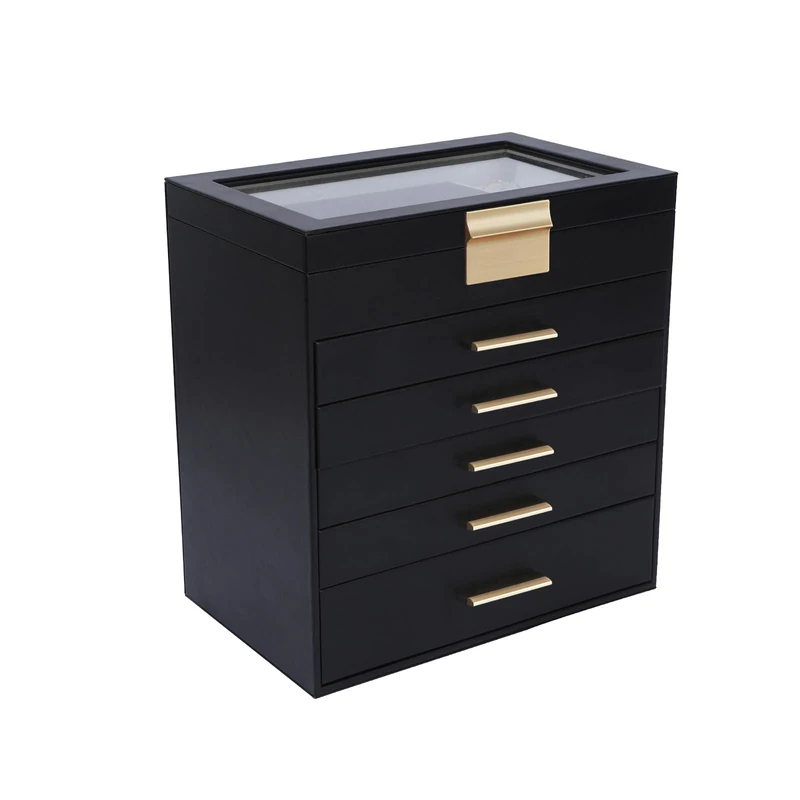 BOOVO Jewelry Box with Glass Lids, 6 Layer Large Black Jewelry Boxes for Women, Big Jewelry Holder Organizer for Necklace, Bracelet, Earrings, Rings Storage