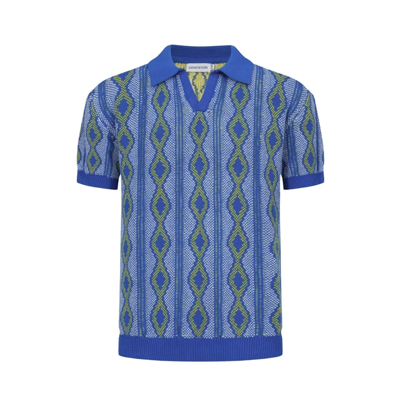 OXKNIT Men's Adult Casual 1960s Mod Style Knit Retro Polo Shirts, Short-Sleeve, Soft, Comfortable, Available in Big Tall, Yellow-Blue, Medium