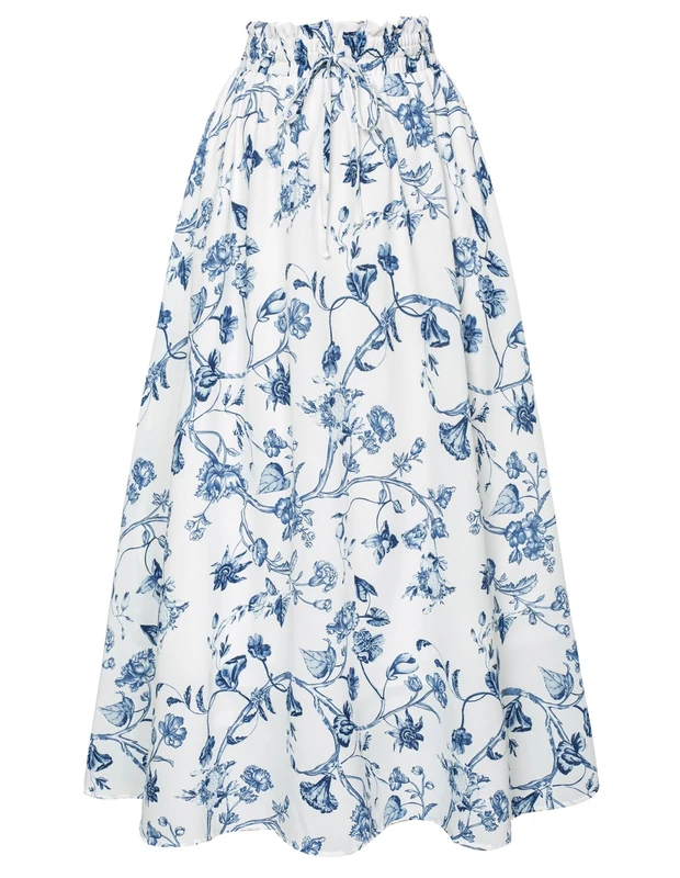 SCARLET DARKNESS Maxi Skirts for Women A Line Flowy Skirt with Pockets, Blue-White Floral, XL
