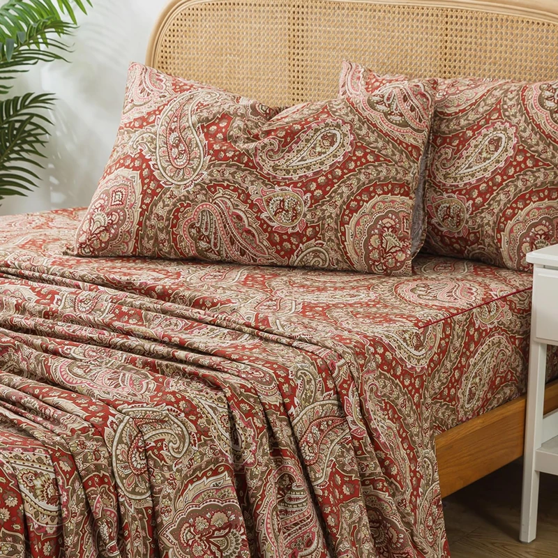 Zusbest Cotton Sheets Full 100% Cotton Burgundy Red Paisley Bed Sheet Sets Luxury Soft Breathable Crispy Cooling Percale Sheets, 4 Pieces
