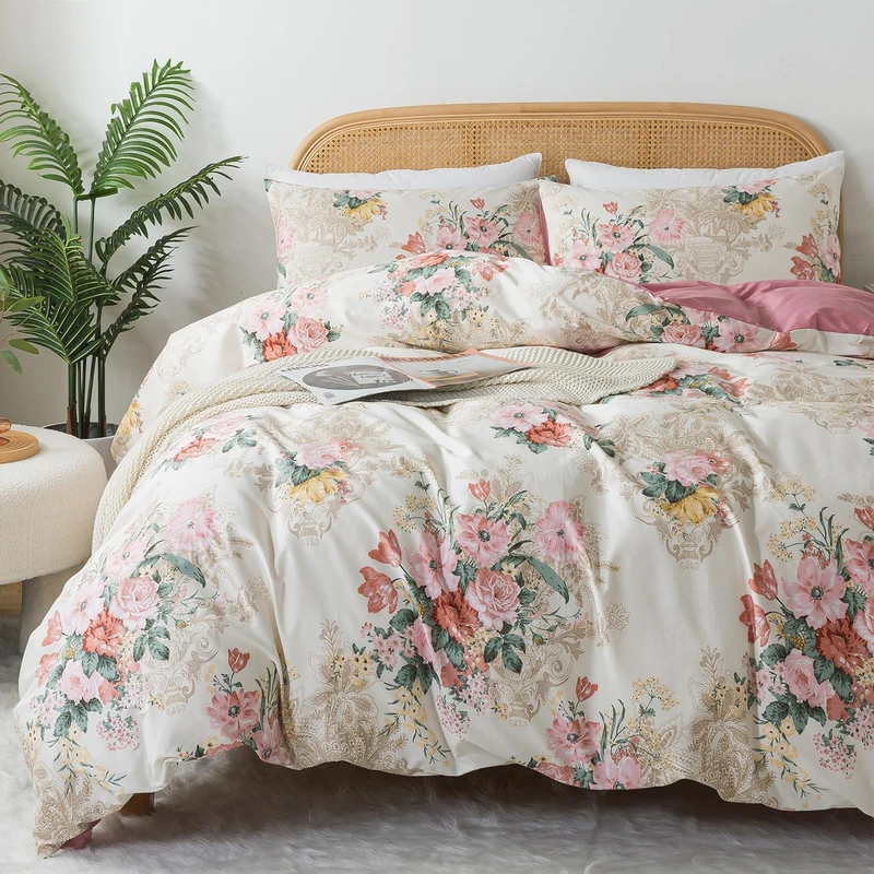 Zusbest Shabby Floral Duvet Cover Set Queen Size 100% Cotton Pink Flower Bedding Retro Blush Gold Printed Zipper Comforter Covers Reversible Luxury French Country Bedding Soft 3Pcs-Not Comforter