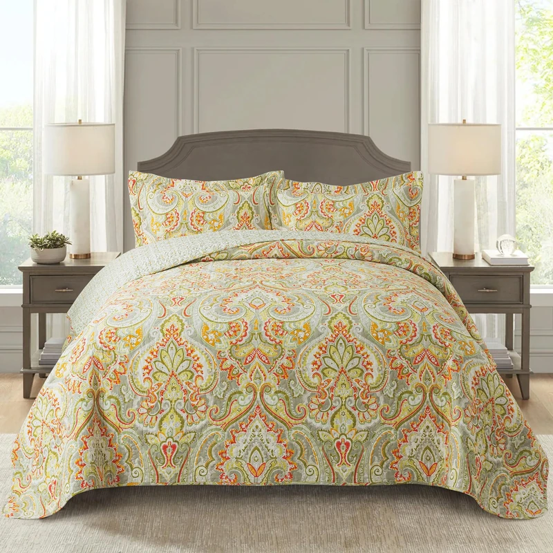 Newlake Cotton Bedspread Sets, Reversible Patchwork Duvet Set, European Beige Floral Pattern, King Size