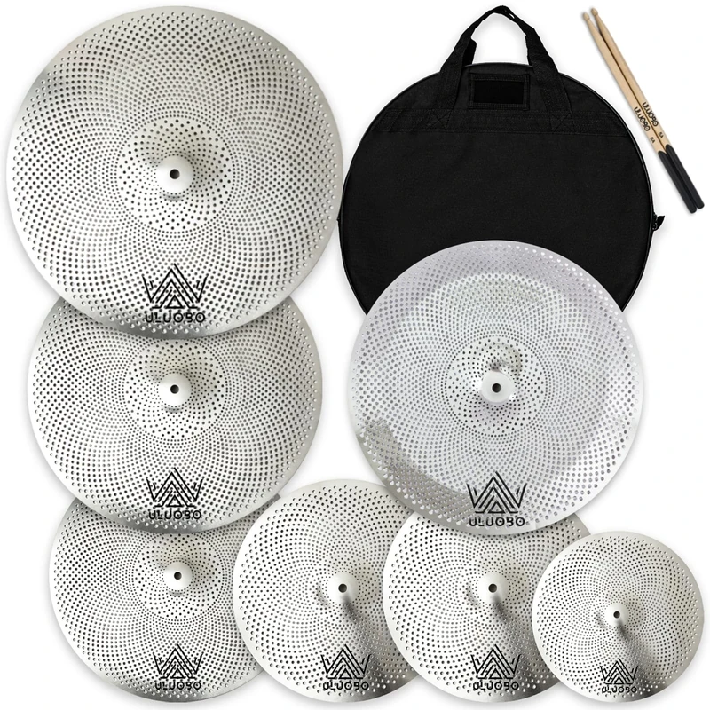 ULUOBO Low Volume Cymbal Pack, Silent Cymbals, Quiet Cymbals Set for Drummer Practice, 10''Spalsh+14''Hihat+16"Crash+18''Crash+18''China+20"Ride 7 Pieces, Silver, U-7PLVC