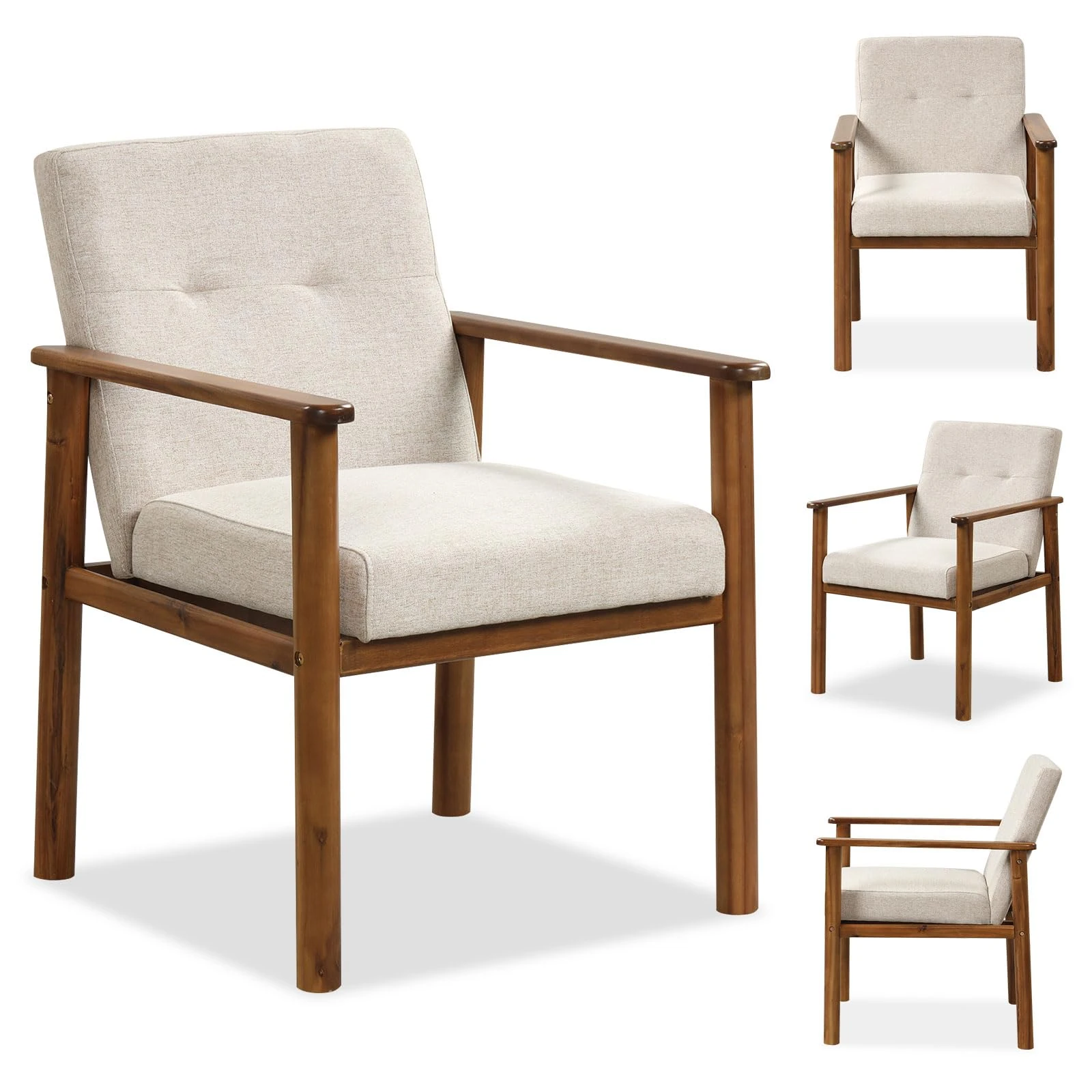 COSTWAY Modern Accent Chair, Acacia/Rubber Wood Frame Upholstered Lounge Chair Comfy Armchair Sofa with Cushions, Linen Fabric Leisure Occasional Reading Chairs for Living Room Bedroom Reception