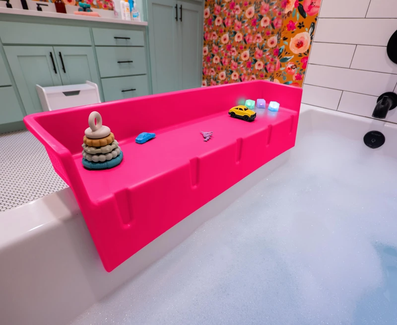 Tub Topper® Bathtub Splash Guard Play Shelf Area - Toy Tray Caddy Holder Storage - Suction Cups Attach to Bath Tub - No Mess Water Spill in Bathroom - Fun for Toddlers Kids Baby (Pink)