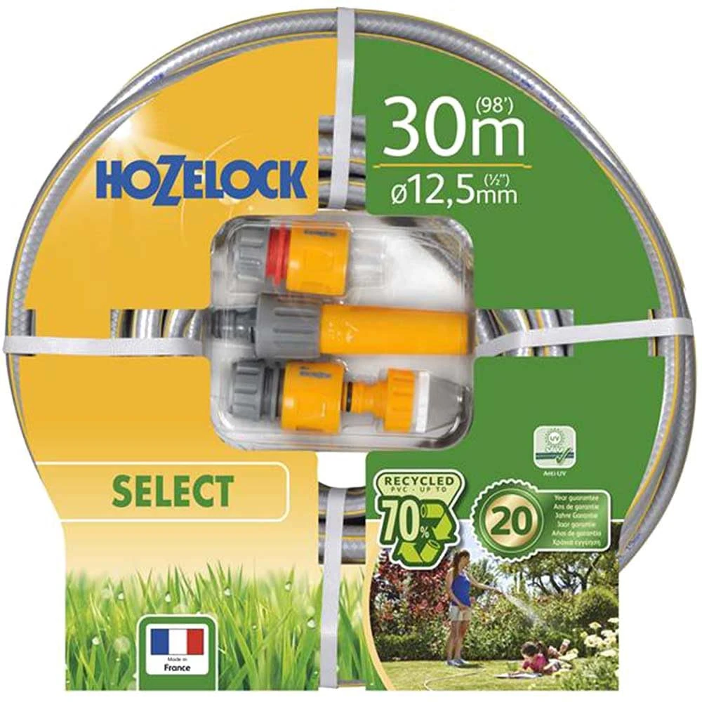 HOZELOCK - Select Hose 12.5mm x 30m Set, Up to 70% Recycled PVC, Braided Reinforcement, Hard-Wearing Garden Hose, Quality and Durability, Weather-Proof with UV and Frost Protection [100-100-577]