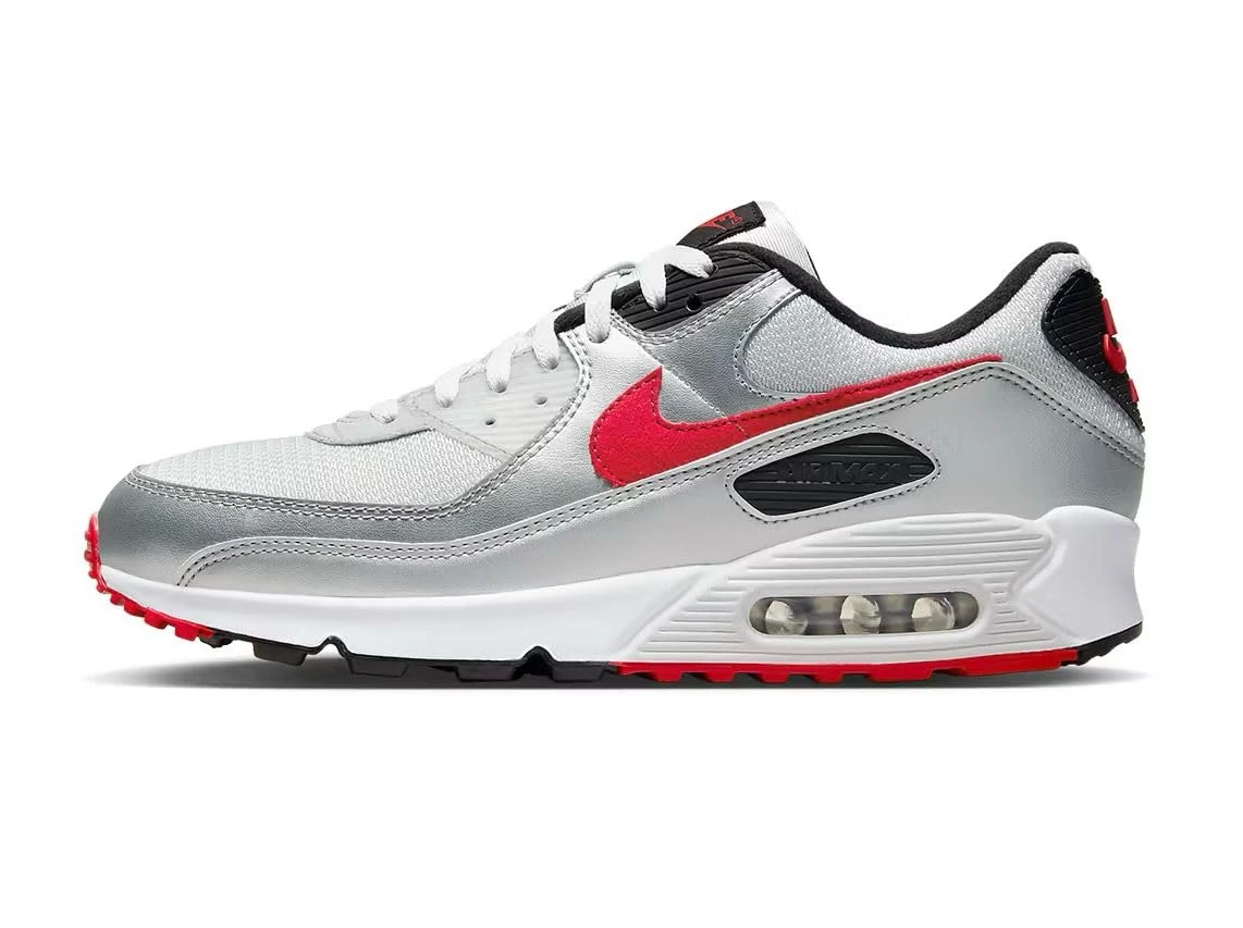NIKE Air Max 90 Men's Trainers Sneakers Photon Dust/Metallic Silver/Black/University Red (Photon Dust/Metallic Silver/Black/University Red, UK Footwear Size System, Adult, Men, Numeric, Medium, 9.5)