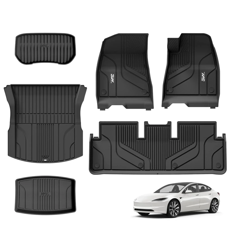3W Floor Mats and Boot Liners Fit for Tesla Model 3 2024 2025 2026 Highland, Thorex™ All Weather Full Set Car liners and Cargo Mats, Dog Friendly Accessories Custom Fit for New Version Tesla Model 3
