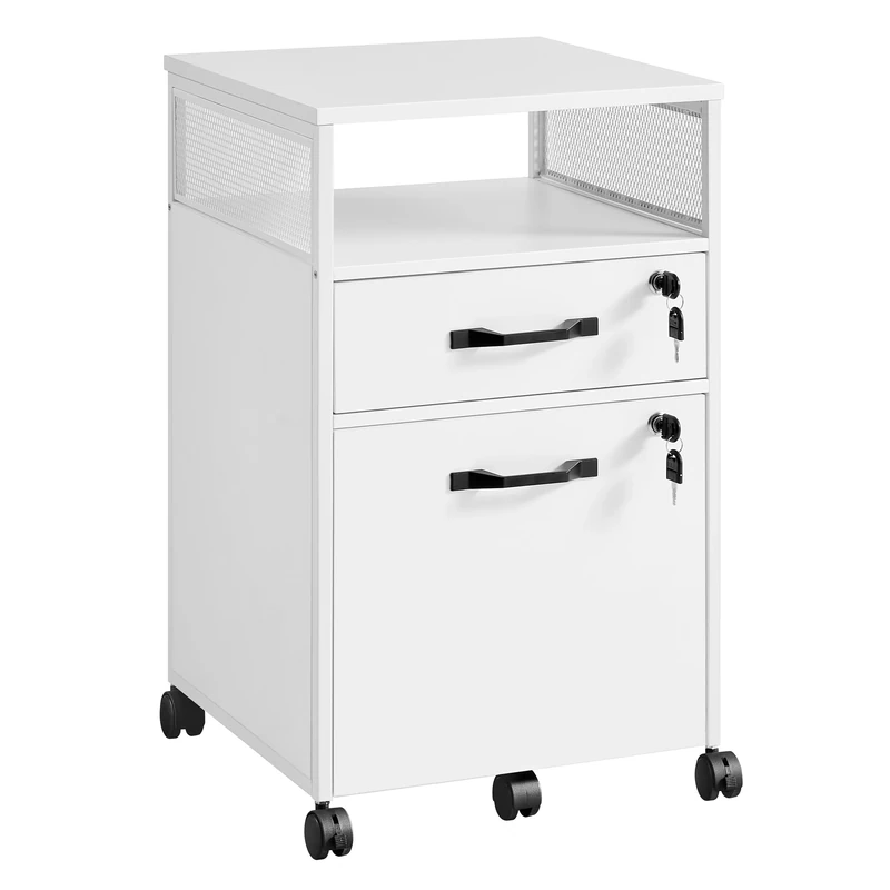 VASAGLE Filing Cabinet, Mobile File Cabinet with 2 Lockable Drawers, Office Cabinet on Wheels, for A4, Letter-Size Hanging File Folders, Open Shelf, Steel Frame, Cloud White OFC077W14