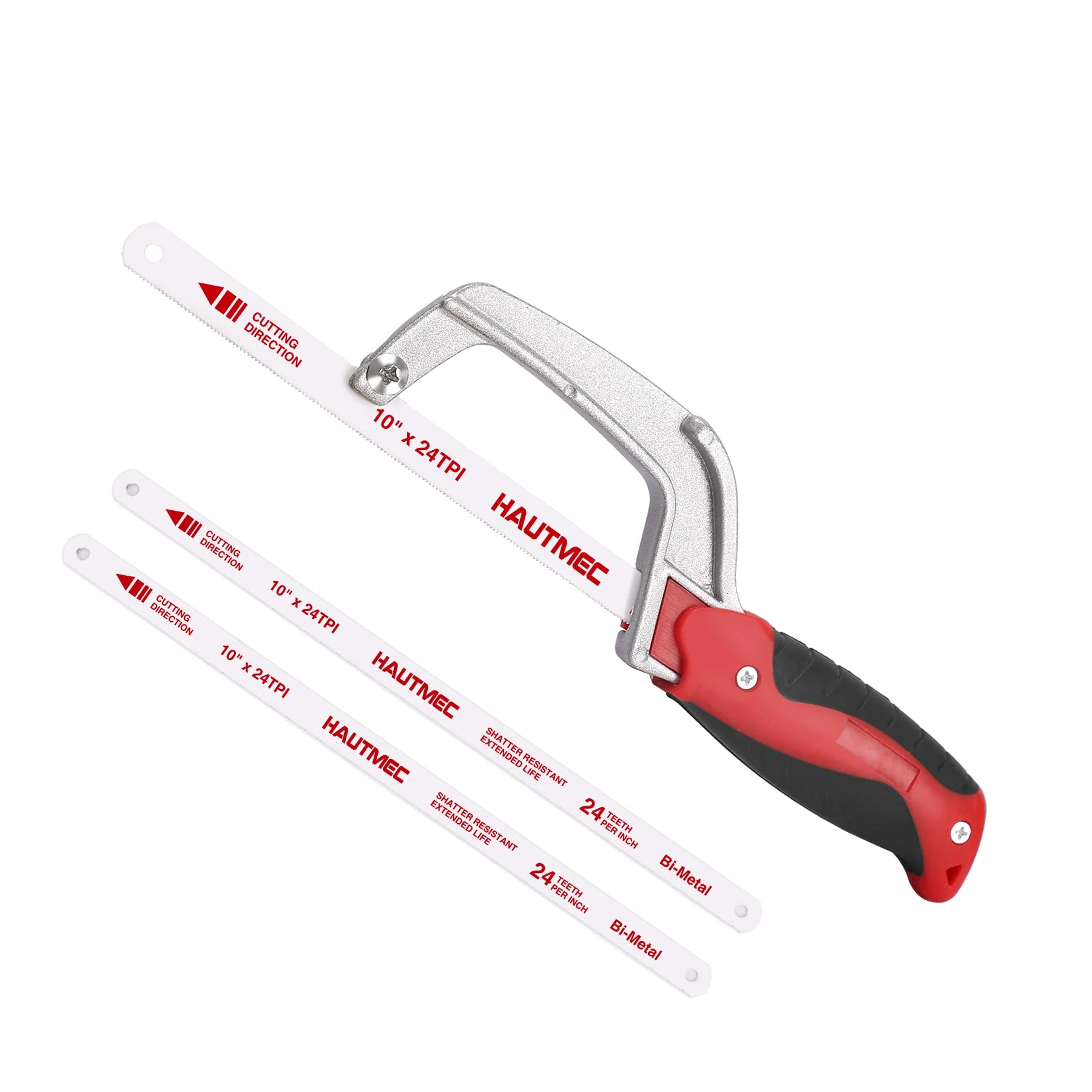 HAUTMEC Junior Hacksaw, Mini Hack Metal Saw, Compact Handsaw with 3 Pcs Bi-Metal HSS Blades, Small Saw for Cutting MetalsWoodPlastics, Especially Cuts in Tight Hard-Reach Spaces, HT0355