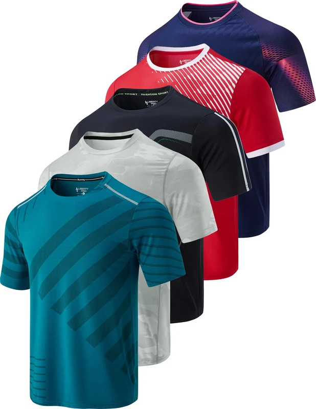 5 Pack Men’s Active Quick Dry Crew Neck T Shirts | Athletic Running Gym Workout Short Sleeve Tee Tops Bulk, Camo/Red/Navy/Black/Teal Blue, 3XL
