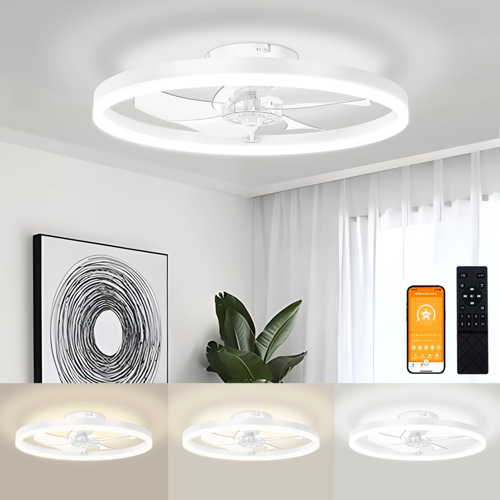 VOLISUN Flat Ceiling Fan with Light and Remote Control, Modern Ceiling Fan without Wings, 49.6 cm, LED Flush-Mounted Fan, Dimmable 3000-6500K