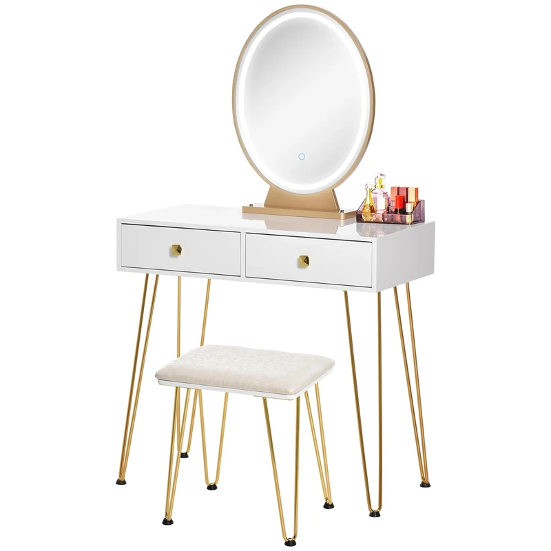 HOMCOM Dressing Table with Mirror and Stool, Vanity Makeup Table with LED Lights, 2 Drawers and Cushioned Seat for Bedroom, White