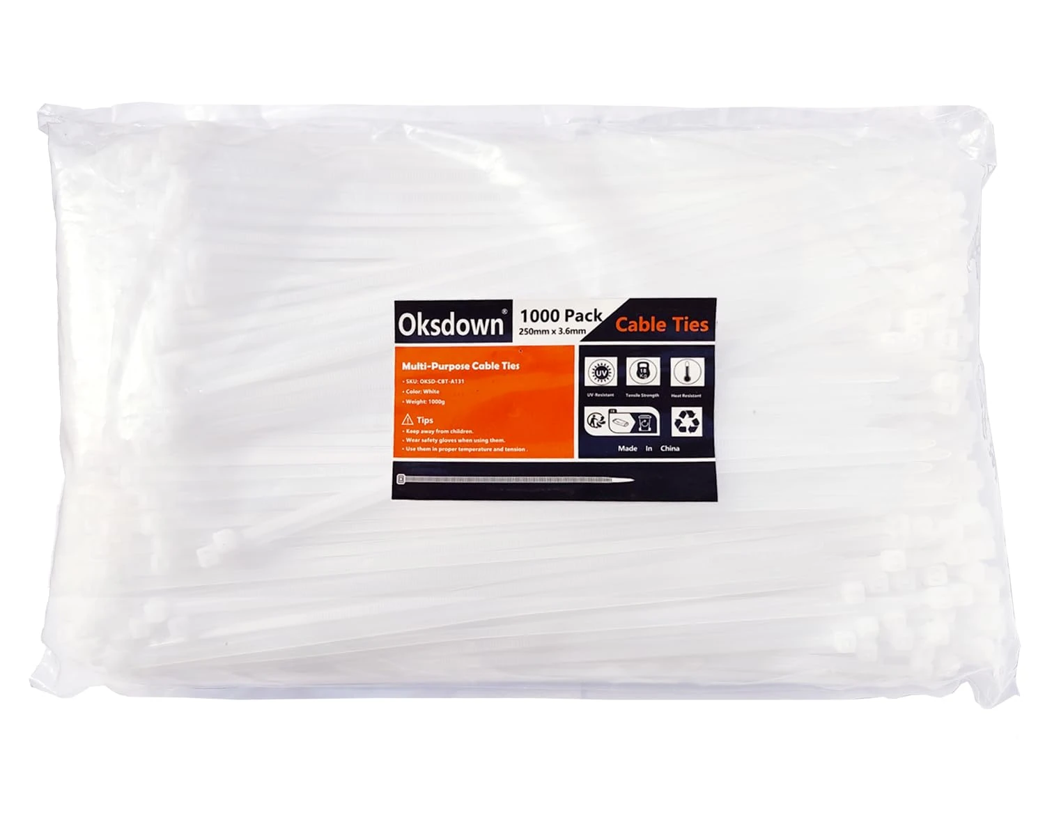 Oksdown 1000 Pack White Cable Ties 250mm×3.6mm Strong Nylon Plastic Self Locking 10 inch/25 cm Clear Long Zip Tie Wraps