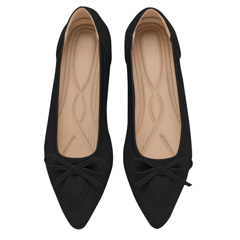 TINGRISE Women's Flats Pointed Toe Bow Knit Ballet Shoes Comfortable Dressy Mesh Slip On Flat Black US7.5