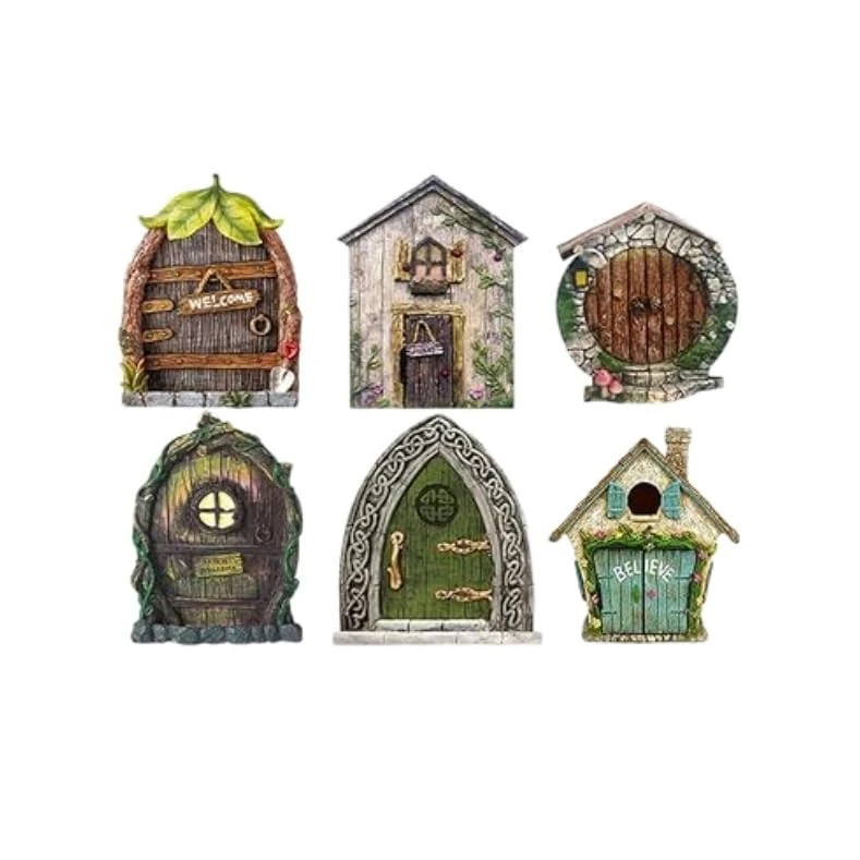 BRAVECOW 6pcs/Set Fairy Door Fairy House Ornament Outdoor Garden Statues Wood Kit for Home Garden Tree Indoor Decor Lawn Yard Art Accessories