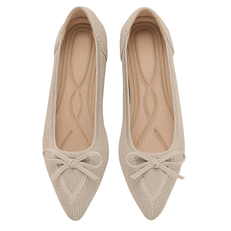 TINGRISE Women's Flats Pointed Toe Bow Knit Ballet Shoes Comfortable Dressy Mesh Slip On Flat Begie US7.5 Beige