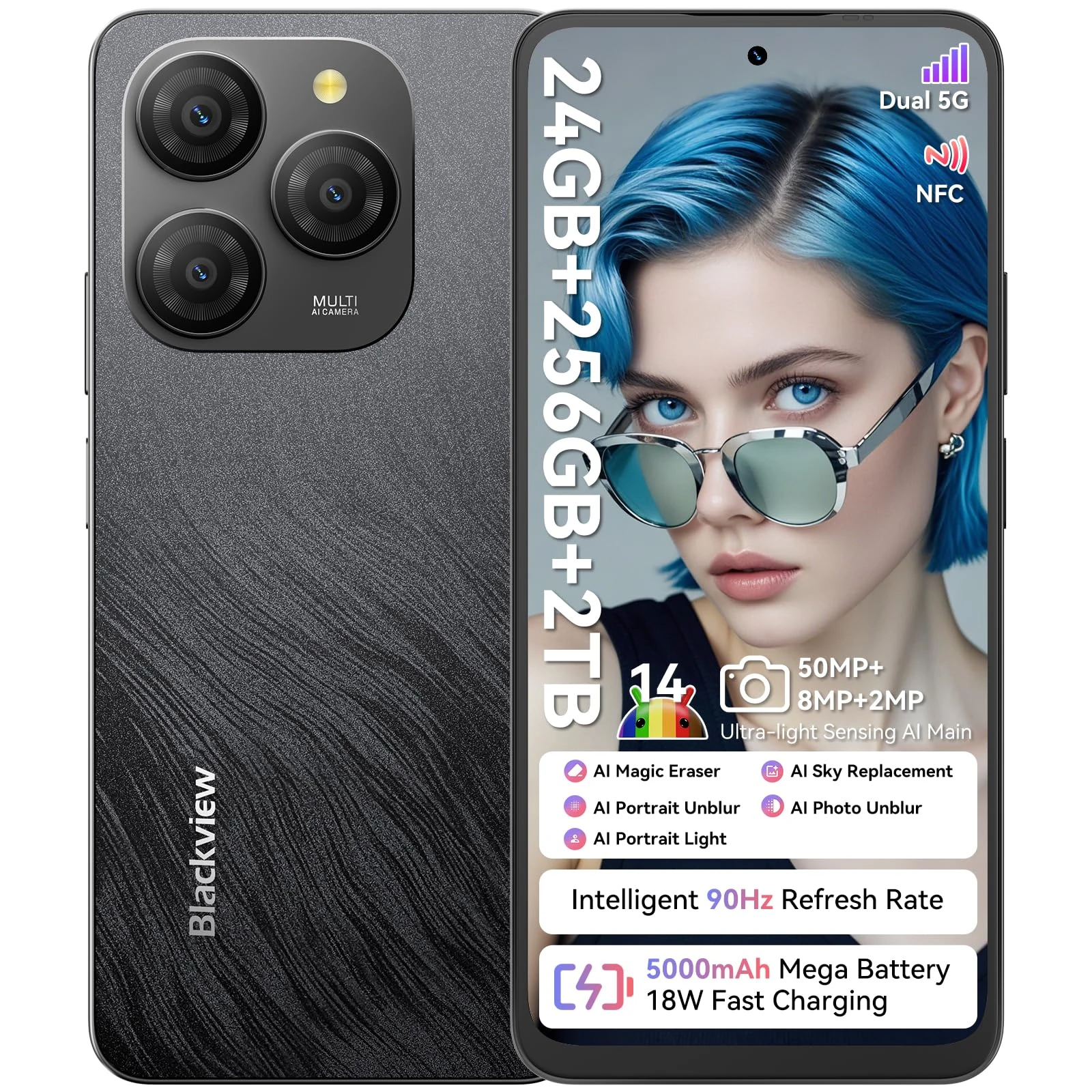 Blackview Mobile Phone, Wave 6C, Android 13 Phone, 5100mAh, 10W Fast Charge, 4GB+32GB/1TB, 6.517’’ HD+ Display, Octa-core 2.0GHz, 4G Dual Sim, Face Unlocked, OTG, GPS - Black