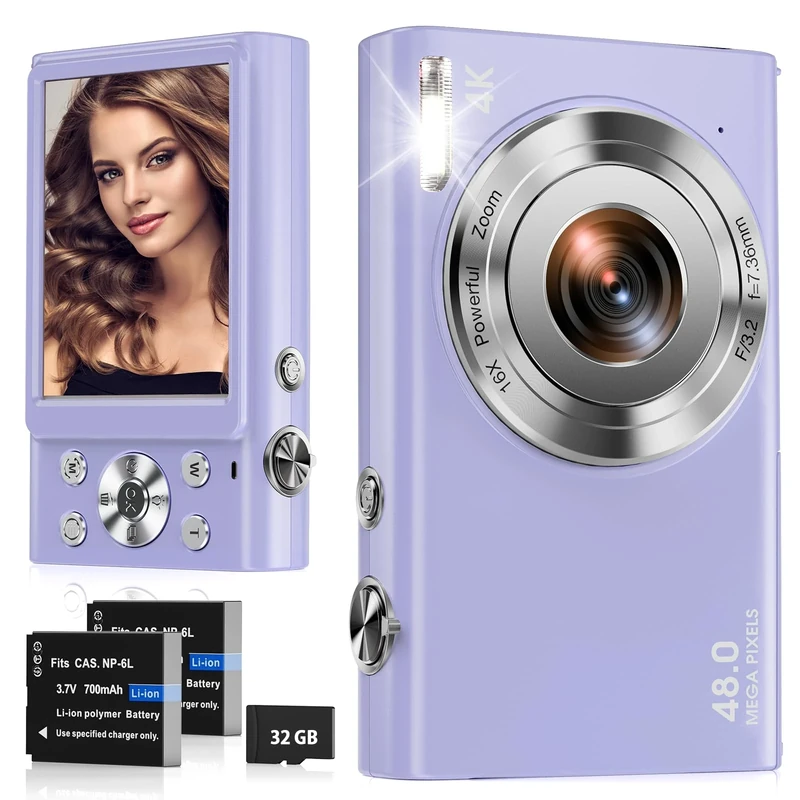 Digital Camera, 4K Autofocus Compact Camera with 32G SD Card HD 48MP with 2.8" Large Screen, 16X Digital Zoom, Portable Mini Camera for Photography, Vlogging Camera for Kids,Adult,Beginners（Purple）