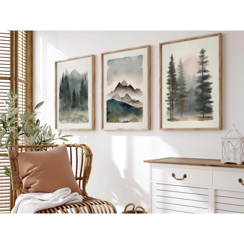 Mountain Forest Wall Art Decor Watercolor Landscape Canvas Pictures Natural Abstract Wall Art Painting Tree Forest Poster Prints Modern Artwork for Living Room Bedroom 24x36 Inch Unframed Set of 3