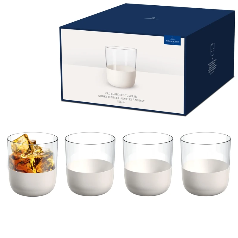 Villeroy & Boch - Manufacture Rock Blanc Whiskey Tumbler Set, 4pcs. Glass Set for Whiskey and Cocktails, 250 ml, Crystal Glass, Matte White Slate Look