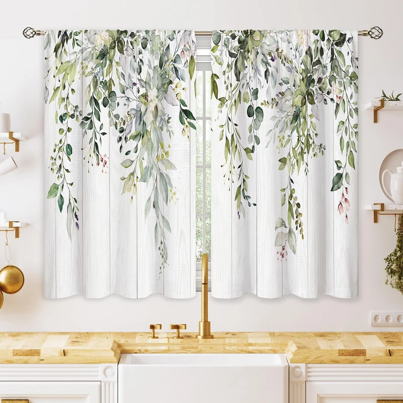 oolygoo Farmhouse Eucalyptus Botanical Small Kitchen Curtains Rustic Leaves Window Treatment Wooden Floral Sage Mint Green Cafe Short Curtains for Bathroom Dining Tier Treatment Drapes 27.5x39 inch
