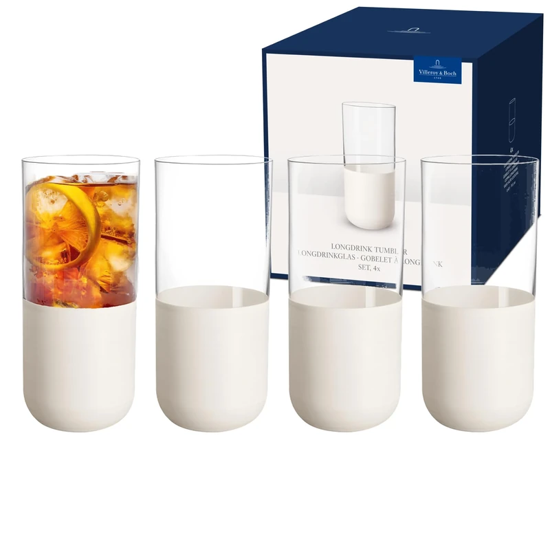 Villeroy & Boch - Manufacture Rock Blanc Longdrink Glass Set, 4pcs. Glass Set for Cocktails and Mocktails, 300 ml, Crystal Glass, Matte White Slate Look