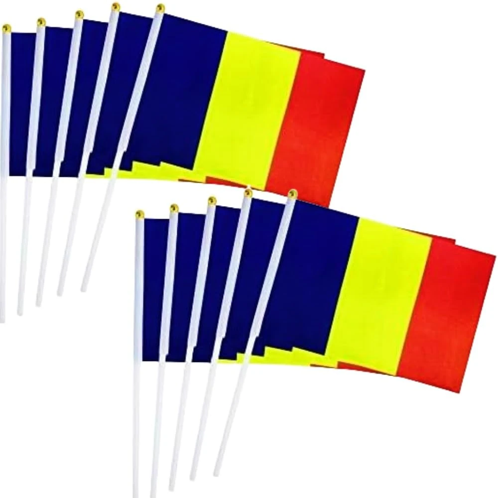 50 Packs Romanian Flag Hand-hold Mini Small Flag Hand-waved of Romania with Plastic Sticks Party Parade Celebration Sports Football Game School Events Festival Outdoor Decoration