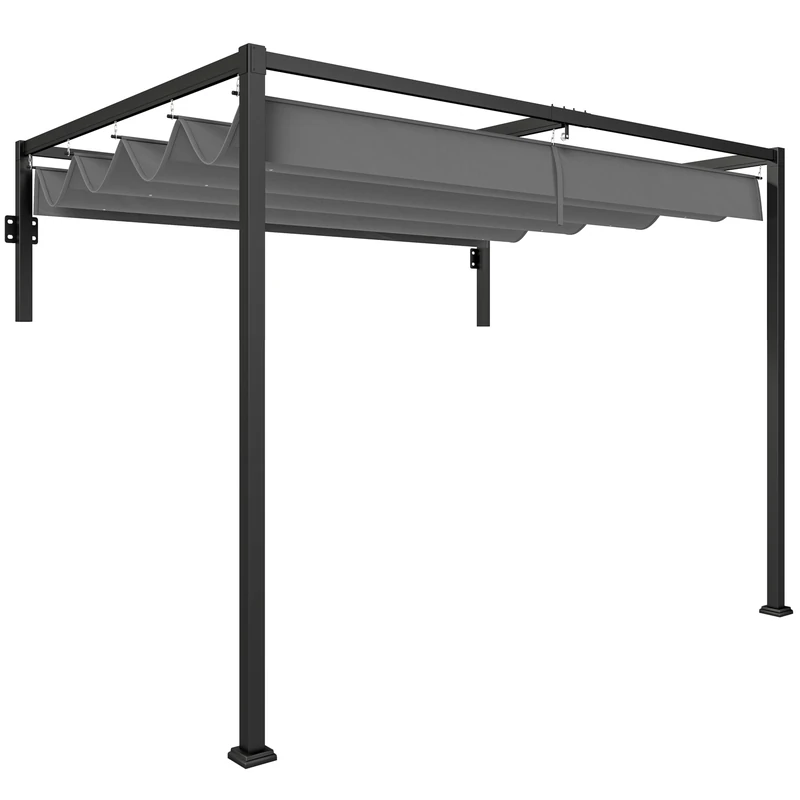 Outsunny 2 x 3(m) Lean To Pergola with Retractable Roof, Wall Mounted Garden Gazebo Outdoor Sun Shade Shelter for Patio, Deck, Dark Grey