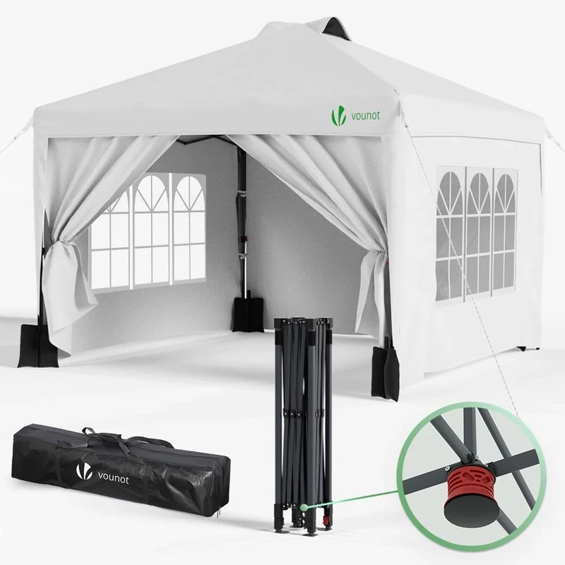 VOUNOT 3m x 3m Pop Up Heavy Duty Gazebo with Sides, Central Lock System & 4 Weight Bags & Carry Bag, Marquee Garden Party Tent Outdoor, White