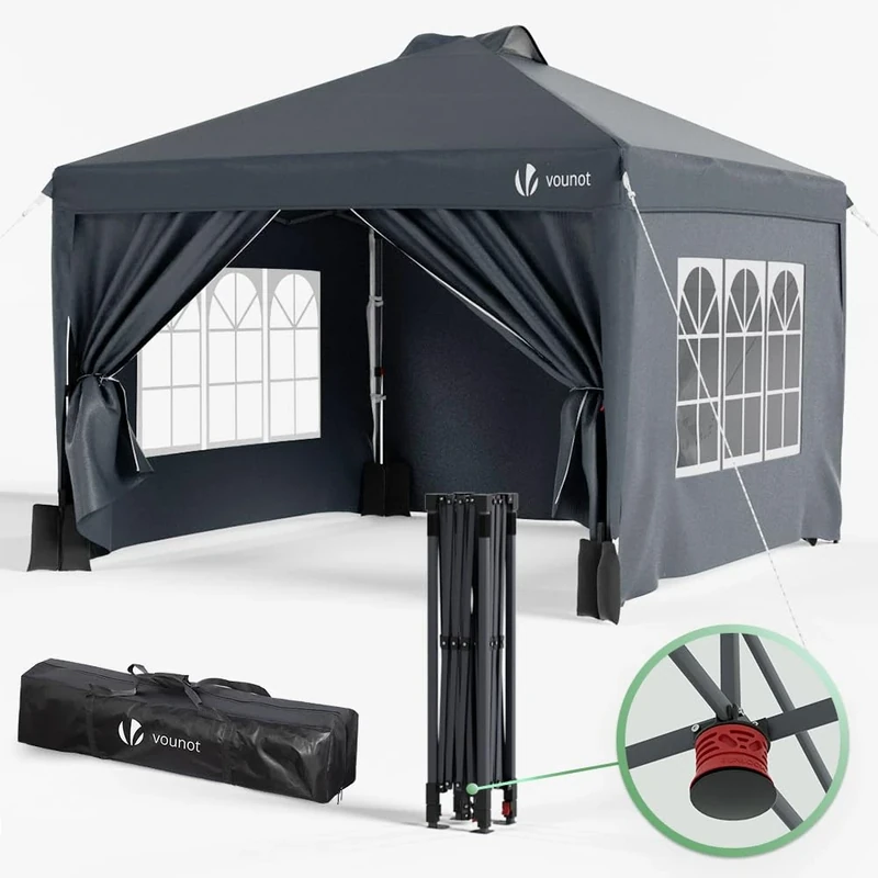 VOUNOT 3m x 3m Pop Up Heavy Duty Gazebo with Sides, Central Lock System & 4 Weight Bags & Carry Bag, Marquee Garden Party Tent Outdoor, Grey