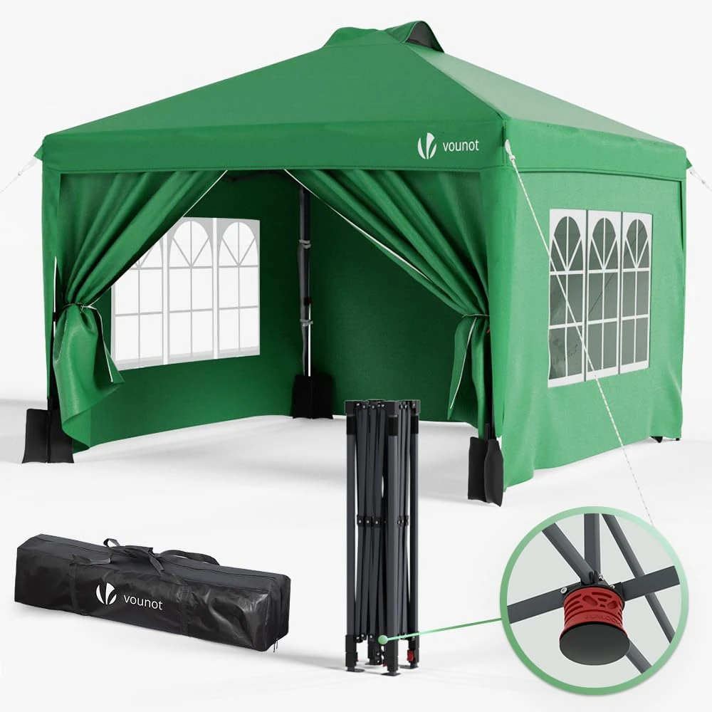VOUNOT® 3m x 3m Pop Up Heavy Duty Gazebo with Sides, Central Lock System & 4 Weight Bags & Carry Bag, Marquee Garden Party Tent Outdoor, Green