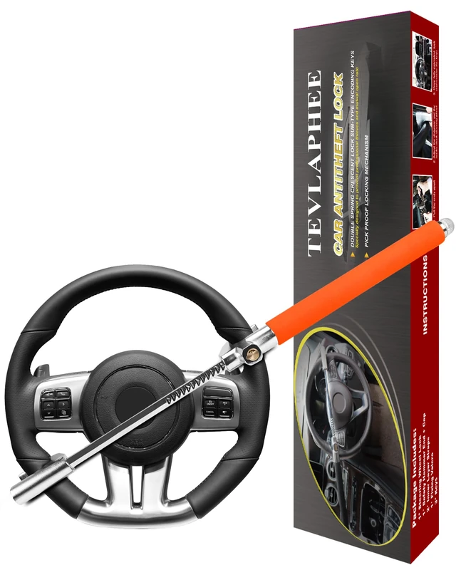 Tevlaphee Steering Wheel Lock, Steering Lock, Car Anti-Theft Device, Adjustable, Universal Fit, Heavy Duty Secure, 3 Keys, Emergency Hammer Window Breaker(Orange)