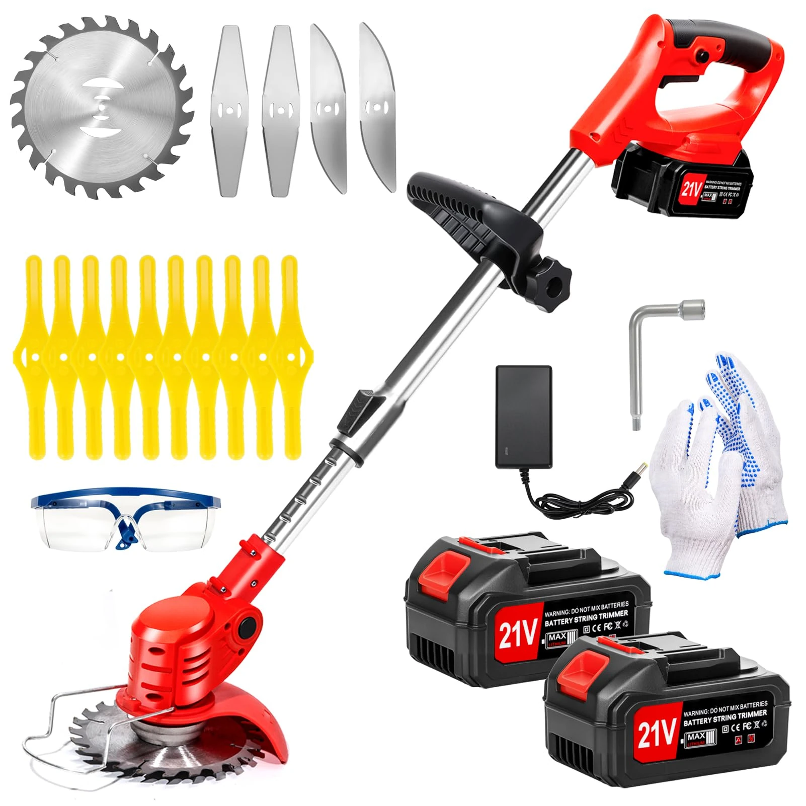 Xbzzgmg Cordless Strimmer, Adjustable Grass Trimmer Telescopic Lightweight Brush Cutter with 2 Batteries and 4 Blade Types of Garden Strimmer, Grass Cutter for Yard, Garden, Sidewalk Edges