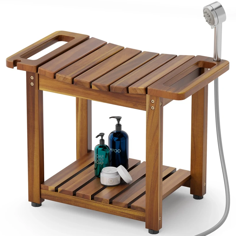 BLUEWEST Shower Bench Seat with Storage Shelf, Natural Wood Shower Benches for Inside Shower to Sit on, Waterproof Bathroom Spa Bench Stool for Legs Shaving with Built-in Handle & Shower Head Holder - Image 1