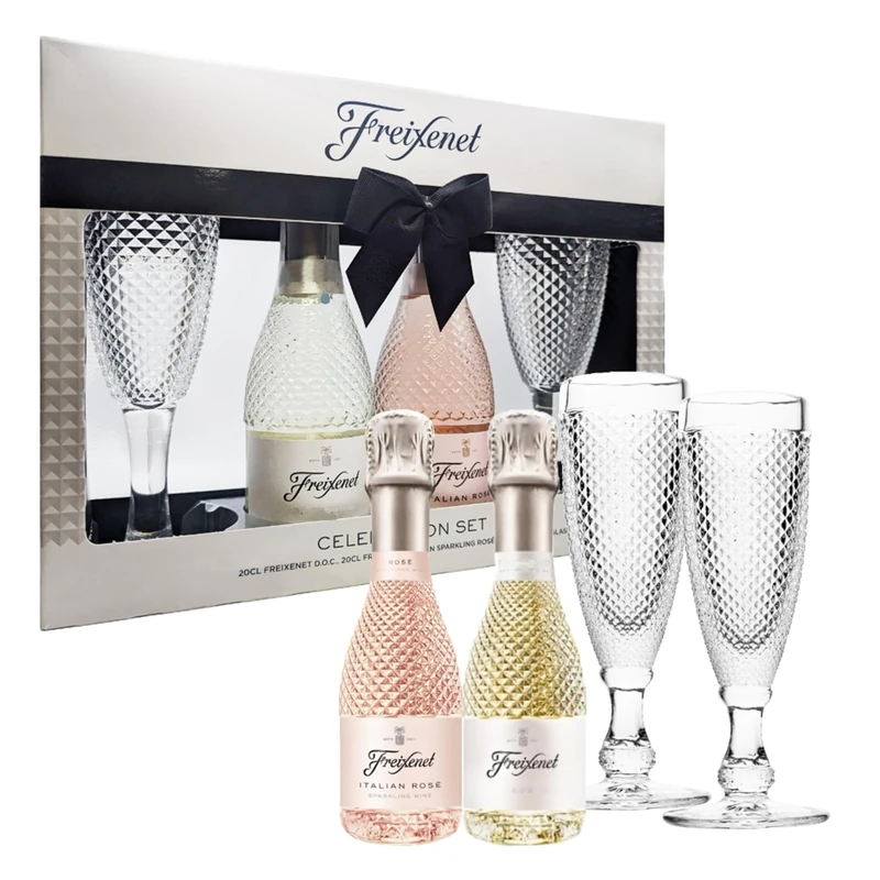 Sparkling Wine Celebration Gifts for Couples - Extra Dry Wine 20cl, Rose Sparkling Wine 20cl & Two Flute Glasses. Great for Birthday Gifts, Christmas Gifts for Women