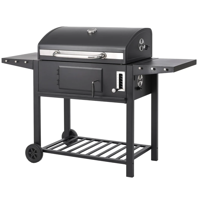 Sac Charcoal Barbecue Grill, Large 74 x 45 cm Cooking Area, Thermometer, Foldable Side Tables, Adjustable Tray, Outdoor Smoker, Powder Coated, Black