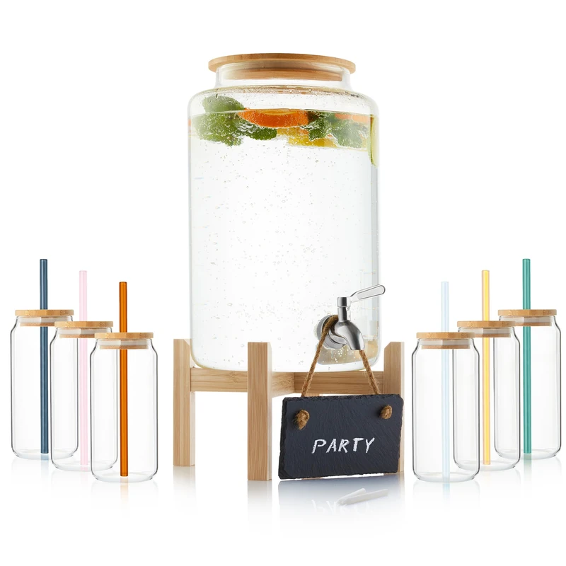 Sänger Bowl Set with Glass Straws and Glasses, Punch Container with Wooden Lid, Drinks Dispenser with Tap Including 6 Glasses, Drinks Dispenser for Mulled Wine and Punch, 7.8 Litre Glass Container - Image 1