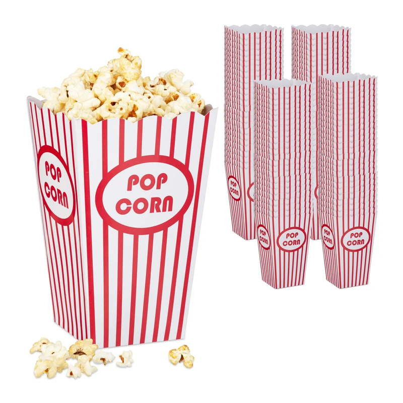 Relaxdays Popcorn Bags, Set of 100, Striped, Retro Look, Cinema, Movie Night Accessory, Cardboard, Container, Red/White, 16 x 10.5 x 10.5 cm - Image 1