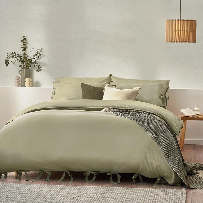 Yard Mallow Bow Tie 100% Cotton Duvet Cover Set - Single - Soft Sage - Image 1