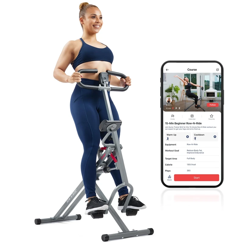 Sunny Health & Fitness Row-N-Ride PRO, Full Body Combo Squat Machine w/Optional Resistance Band, Easy Setup Ab Workout Exercise Equipment for Home, Whole Body Cardio,SunnyFit App Connection