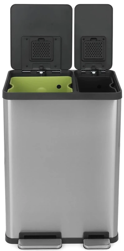 Simpli-Magic 60 Liter / 16 Gallon Rectangular Hands-Free Dual Compartment Recycling Kitchen Step Trash Can with Soft-Close Lid, Brushed Stainless Steel (38L x 22L Capacity)