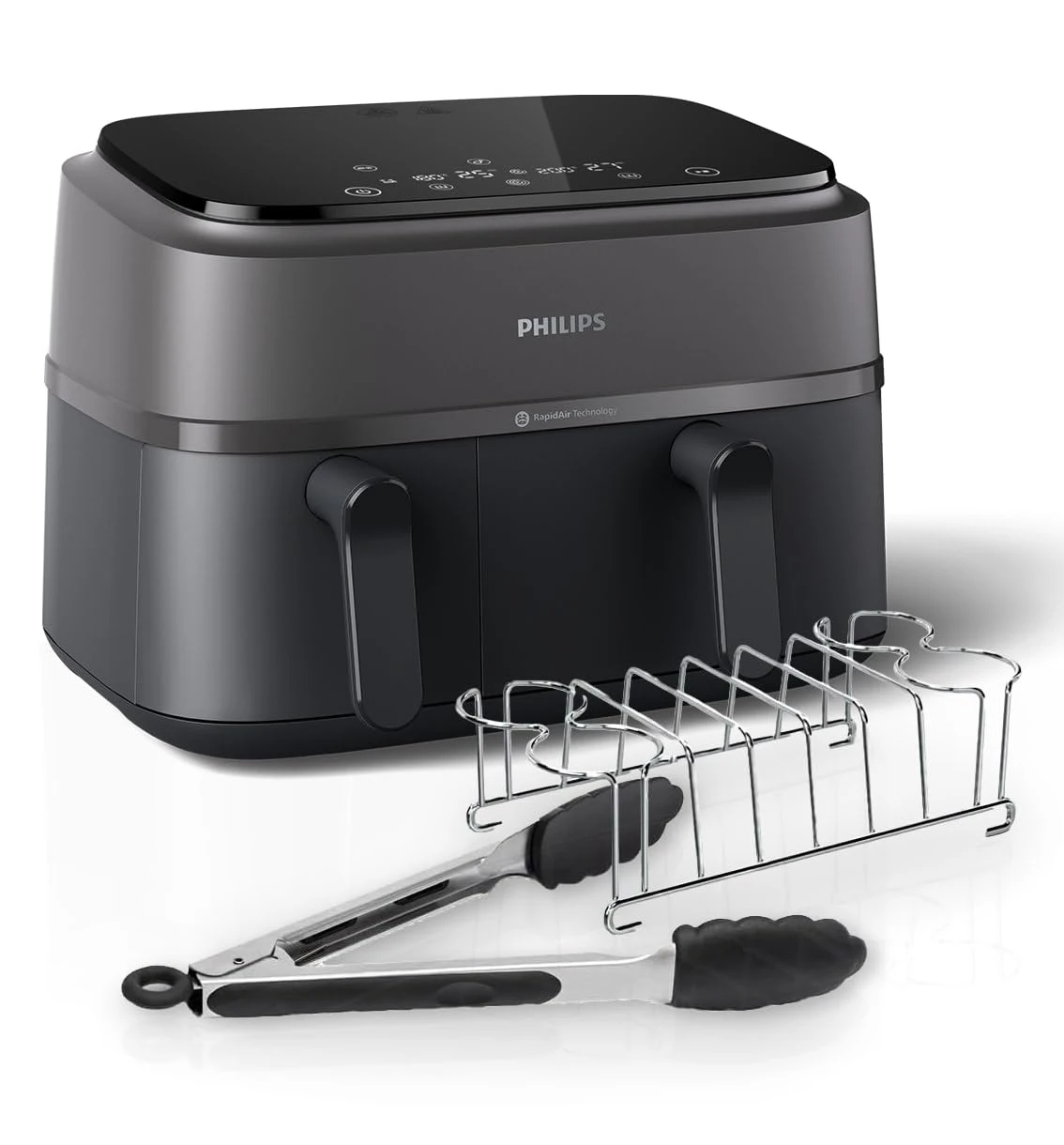 Philips Dual Basket Airfryer 3000 Series, 9L, 2 Drawer Air Fryer, with Breakfast Kit, Rapid Air Technology, Versatile Large Air Fryer for Family, 99% Less fat and Energy Saving, HomeID App (NA350/03)